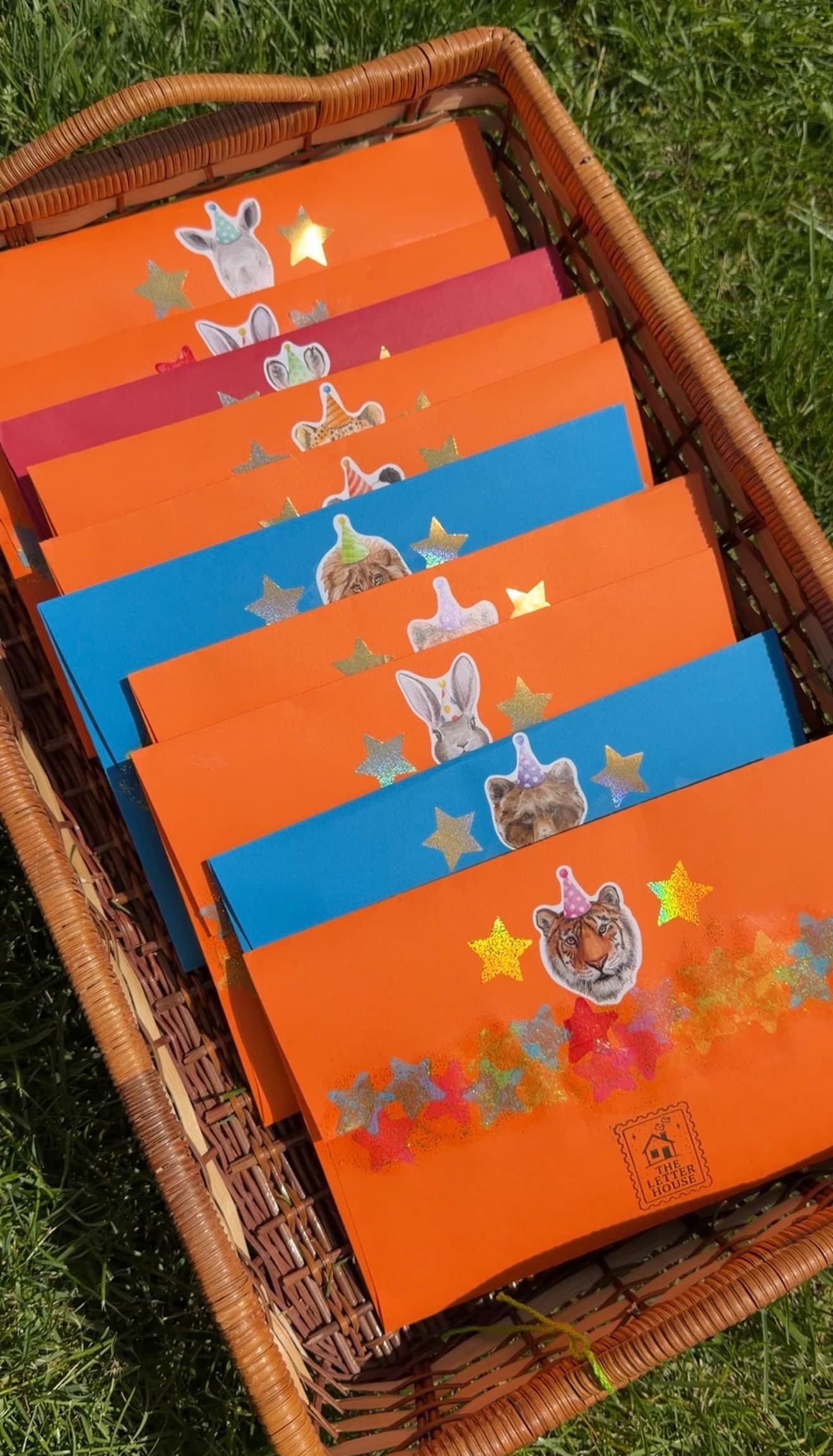 A basket filled with colorful Letter House envelopes